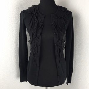 Trina Turk Black Ruffle Front Merino Wool Cardigan